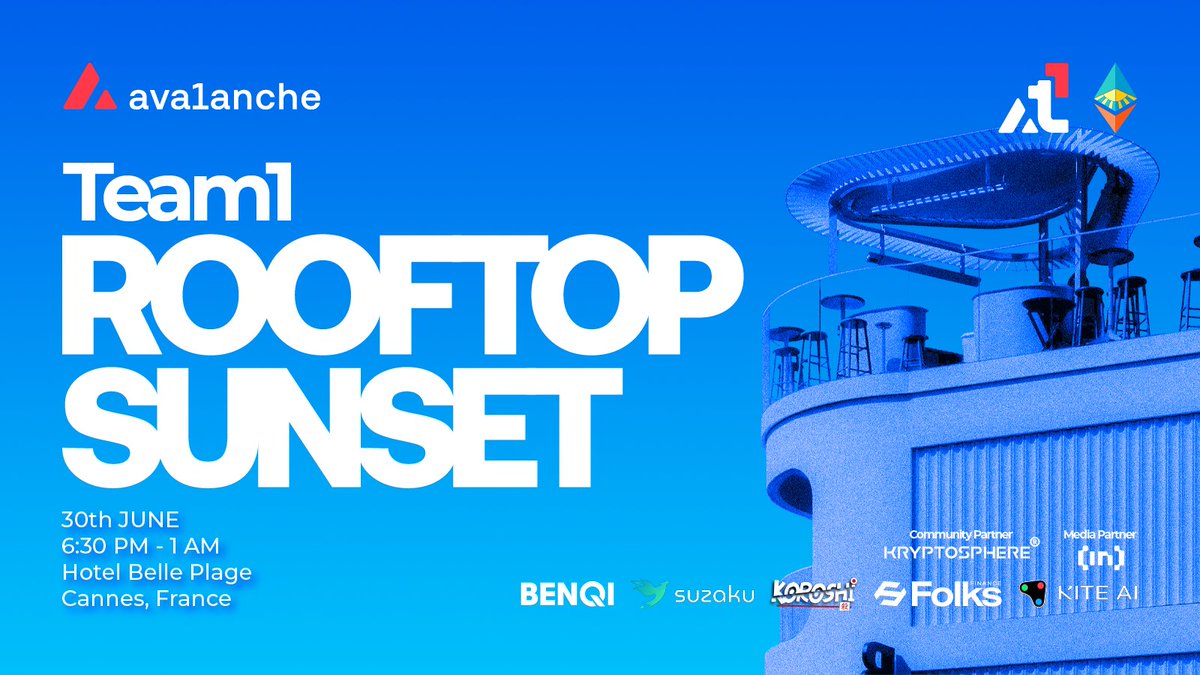 Avalanche Team1 (@avaxteam1) on Twitter photo π
ROOFTOP SUNSET <a href="/EthCC/">EthCC - Ethereum Community Conference</a> Cannes π
Join us for sea views on top of the Hotel Belle Plage...
πΈ DJ, food, drinks
π€ Project pitches
π€ Quality networking
π Hotel Belle Plage || June 30th || 6:30 PMβ1 AM
Limited capacity, register now
π lu.ma/aqud2dgn
Hosted by π
ROOFTOP SUNSET <a href="/EthCC/">EthCC - Ethereum Community Conference</a> Cannes π
Join us for sea views on top of the Hotel Belle Plage...
πΈ DJ, food, drinks
π€ Project pitches
π€ Quality networking
π Hotel Belle Plage || June 30th || 6:30 PMβ1 AM
Limited capacity, register now
π lu.ma/aqud2dgn
Hosted by