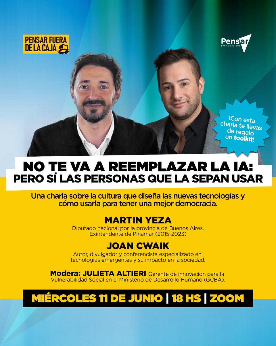 Fundación Pensar (@fpensar) on Twitter photo 📦¡Se viene un nuevo Pensar Fuera de la Caja! <a href="/martinyeza/">Martín Yeza</a> y <a href="/JoanCwaik/">Joan Cwaik</a> conversarán sobre la cultura que diseña las nuevas tecnologías y cómo usarla para tener una mejor democracia. ¡Inscribite acá! forms.gle/uM4BgrwTzMacQ2… 📦¡Se viene un nuevo Pensar Fuera de la Caja! <a href="/martinyeza/">Martín Yeza</a> y <a href="/JoanCwaik/">Joan Cwaik</a> conversarán sobre la cultura que diseña las nuevas tecnologías y cómo usarla para tener una mejor democracia. ¡Inscribite acá! forms.gle/uM4BgrwTzMacQ2…