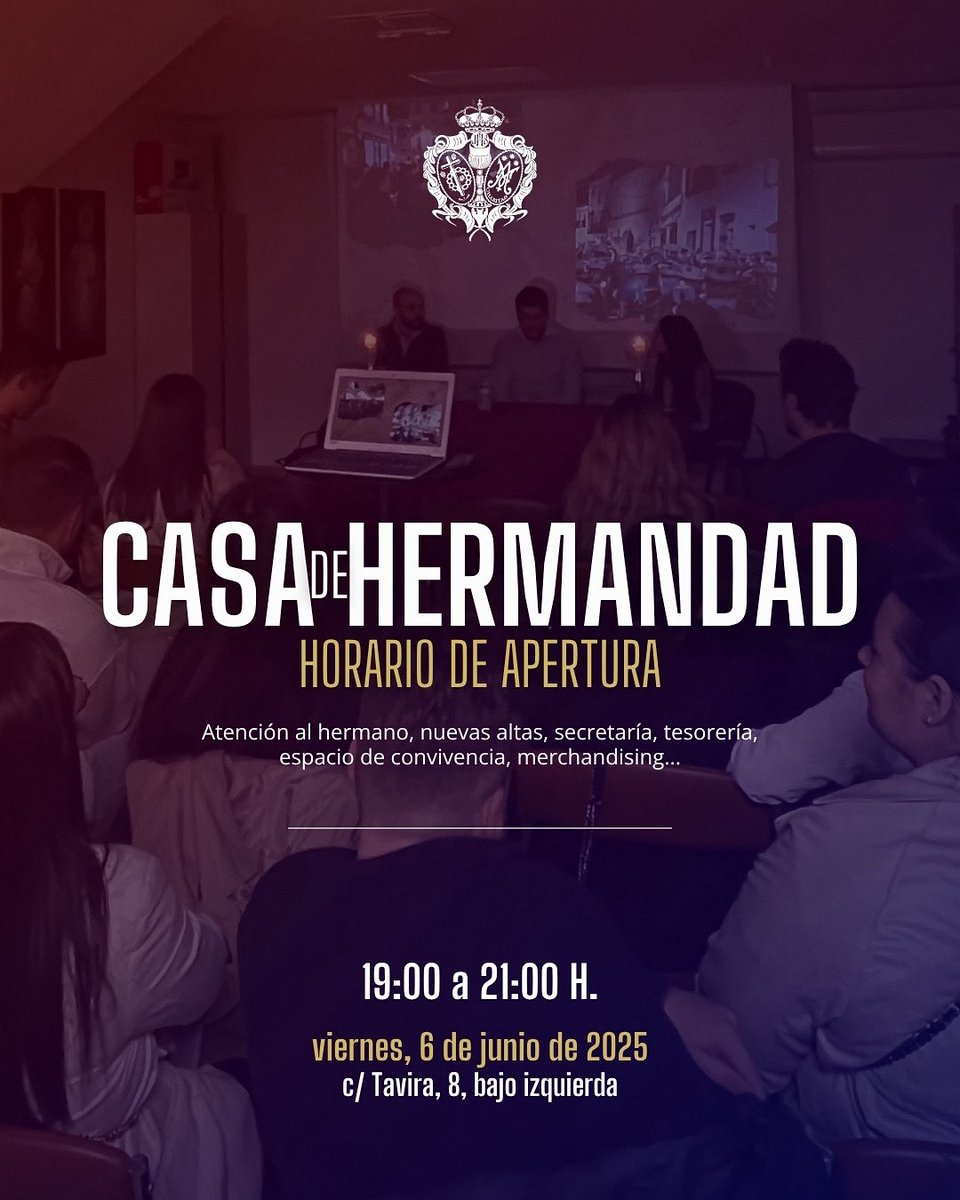 Hermandad Despojado y Caridad de Salamanca (@hdespojado) on Twitter photo #CASADEHERMANDAD | Casa de Hermandad abierta.
📅 6 de junio.
🕖 19 a 21 h.
📍 c/ Tavira, 8.
👋🏻 Atención al hermano.
😄 Espacio de convivencia.
✝ Inscripciones peregrinación a Cabrera.
‼️ NUEVAS ALTAS, secretaría y tesorería. #CASADEHERMANDAD | Casa de Hermandad abierta.
📅 6 de junio.
🕖 19 a 21 h.
📍 c/ Tavira, 8.
👋🏻 Atención al hermano.
😄 Espacio de convivencia.
✝ Inscripciones peregrinación a Cabrera.
‼️ NUEVAS ALTAS, secretaría y tesorería.