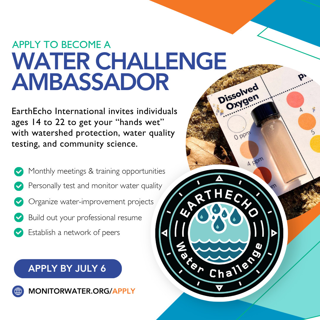 💧Live in the US? Have a passion for protecting our planet’s water?

Help your community through EarthEcho’s Water Challenge Ambassador Program! 💪
 
🔍 CHECK: Test water quality

📊 SHARE: Enter your data

🛡️ PROTECT: Take action!

Apply by July 6: monitorwater.org/apply