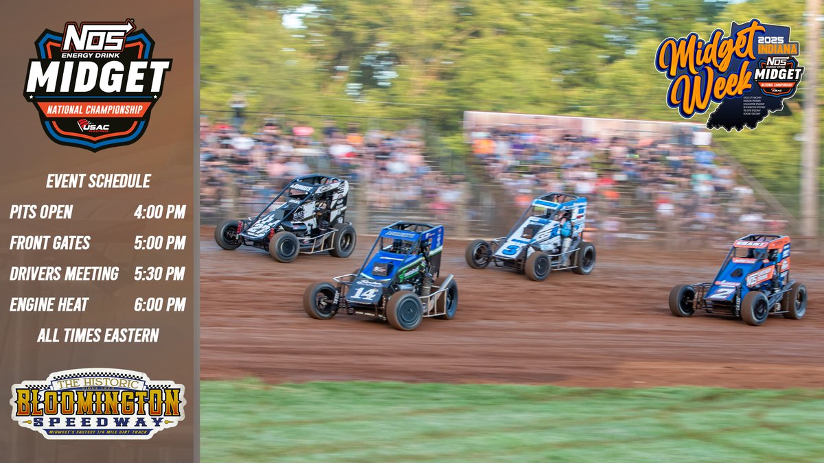 Back at it in B-Town! 👊

Tonight, it's race day at <a href="/BloomSpeedway/">Bloomington Speedway</a> featuring the USAC <a href="/NosEnergyDrink/">NOS Energy Drink</a> National Midgets!

It's round #3 of 5 at USAC Indiana Midget Week on the red clay!

📺 <a href="/FloRacing/">FloRacing</a> | flosports.link/usac
⏱️ <a href="/RaceMonitor/">Race Monitor</a>
🏆 <a href="/DirtDraft/">Dirt Draft</a>
📸 <a href="/IRIphotography/">Indy Racing Images</a>