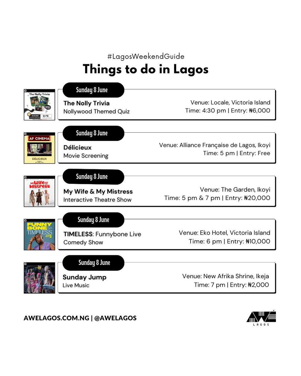 AweLagos's tweet photo. Eid Mubarak Lagos! 🌙
Not sure what to do this long weekend? Don’t worry, we’ve got you!
From raves and movie nights to art shows, comedy, and even interactive theatre — here are 15 fun things happening in Lagos this weekend.
Enjoy your weekend! 🤍
#LagosWeekendGuide https://t.co/GBTsQkcjTv