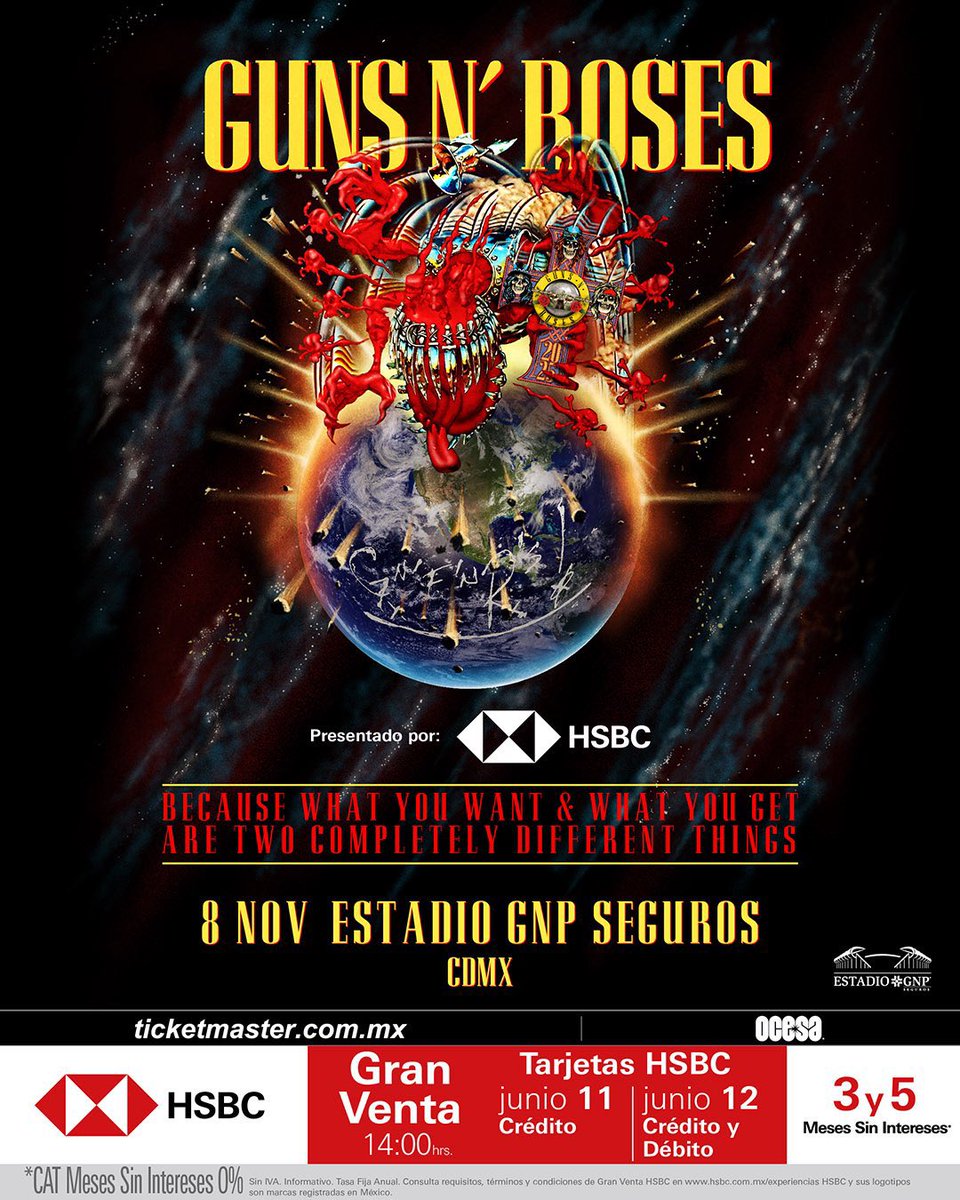 ticketelhamster's tweet photo. 🚨Guns N’ Roses por fin anuncia el tour por LATAM y regresa a México el 8 de noviembre para dar concierto en el Estadio GNP Seguros! 👇🏼

🎫Venta a fans 10 de junio 2 PM
🎫 #GranVentaHSBC: 11 y 12 de junio 2 PM
🎫Venta general del 13 de junio 2 PM

@gunsnroses #Gunsnroses #tickethamster