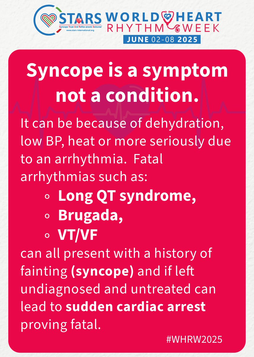 Fainting (syncope) is a symptom, not a diagnosis. It might be harmless—or a warning sign of dangerous arrhythmias like Long QT, Brugada, or VT/VF.

Don’t ignore it. Get checked. It could save a life.

🔗 worldheartrhythmweek.org
#WHRW2025 #OneHeartManyRhythms