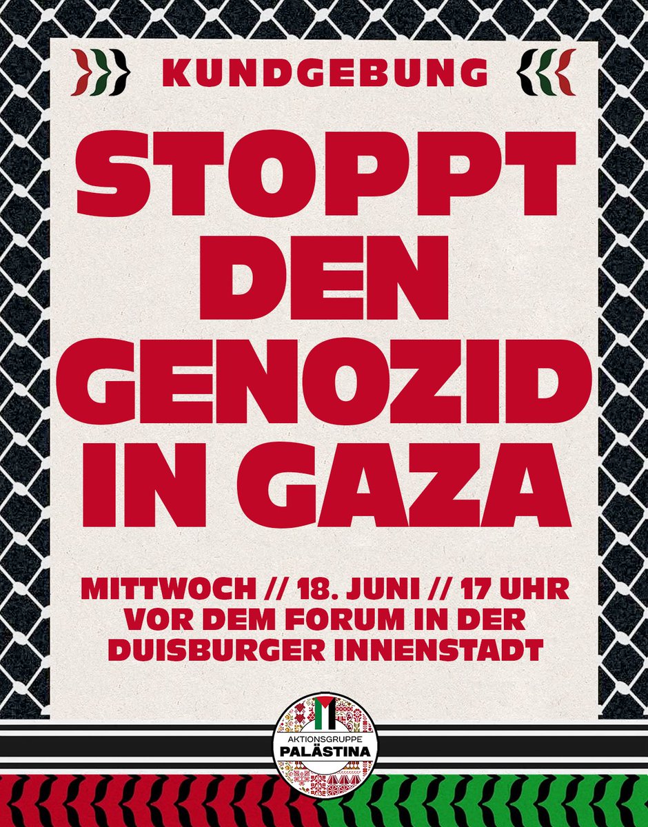 Kommt am 18.6. mit auf die Straße!
Für ein Ende des Genozids in Gaza!
Für ein freies Palästina!

#duisburg #gaza #palestine #stoppthegenozideingaza 
#freegaza #freepalesti̇ne