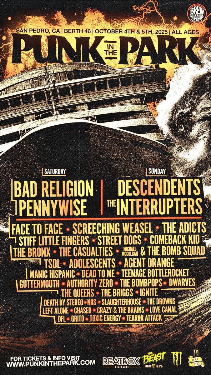 Get ready for Punk in The Park San Pedro! The 2-day music festival features over 40 bands on 3 stages and takes place at Outer Harbor Berth 46 in San Pedro on. October 4th and 5th. Tickets, VIP and craft beer tasting packages will be available at punkinthepark.com