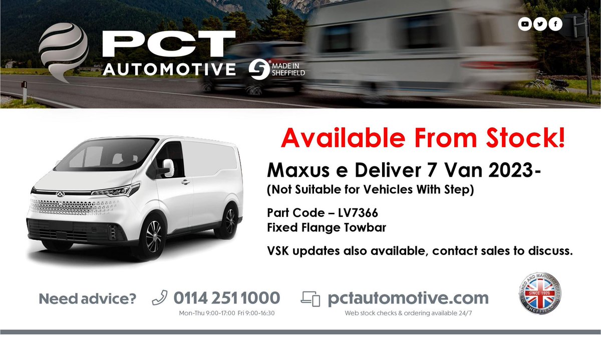 In Stock - LV7366

Towbars Now In Stock For The New Maxus e Deliver 7 Van!

Contact Sales Now To Secure Your Order ☎️ 

Free Next Day Shipping Available 📦

Dedicated Electrics Also In Stock ⚡️ 

#PCTAutomotive #Towbars #Towing #Maxus #ElectricVehicle #SteelCity #MadeinSheffield