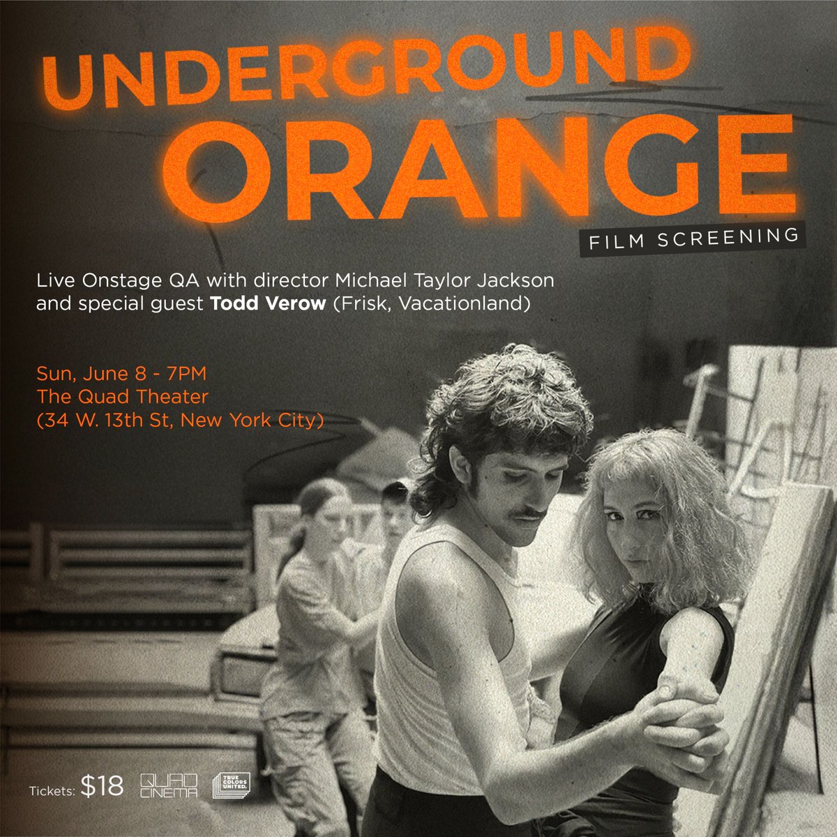 bajonaranja's tweet photo. Meet us at the @QuadCinema to watch our award-winning film, Underground Orange, and discuss the importance of community, punkness, queerness and ways to combat modern fascism. The event features an intimate onstage dialogue between director Michael Taylor Jackson and iconic filmmaker @toddverow. Part of the proceeds to benefit @TrueColorsUnite 

Reserve your spot now, this Sun, June 8th - 7PM

Tickets in the LinkTree in our bio! 🧡