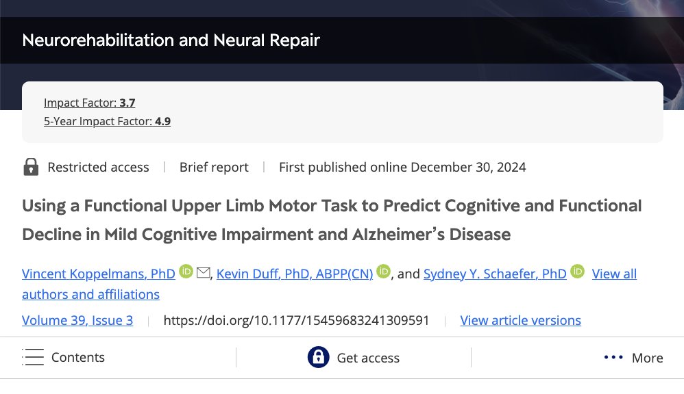 Performance speed &amp; variability on a functional upper limb motor task predicted change in cognition &amp; daily function over 1 year in people w/ mild cognitive impairment or Alzheimer's disease. A basic motor task could help identify those at risk of decline.
journals.sagepub.com/doi/abs/10.117…