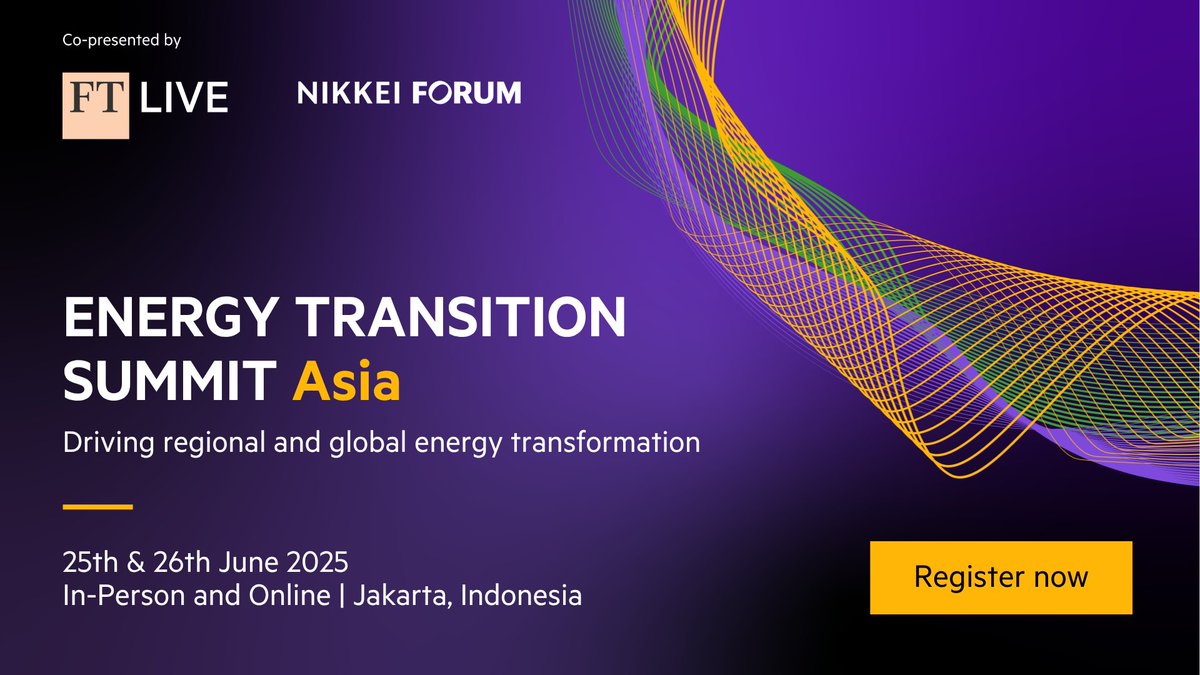 ftlive's tweet image. Asia&apos;s energy future is at a crossroads.

At the Energy Transition Summit Asia, industry leaders will explore how to balance growth, security, and sustainability. 

Join us in Jakarta, 25-26 June. 

Register now at bit.ly/4iusRIq 
#FTEnergy