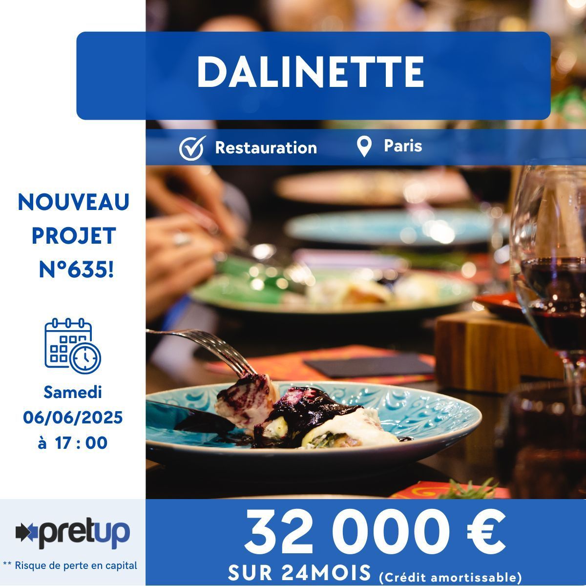 [⚡Nouveau projet n°635⚡]
Prépublication du projet "DALINETTE" : 32000€ recherchés sur 24 mois (crédit amortissable) pour financer la trésorerie de départ du restaurant. Ouverture de la collecte demain à 17h.
monespace.pretup.fr/dalinette-5521

Risque de non remboursement du capital prêté