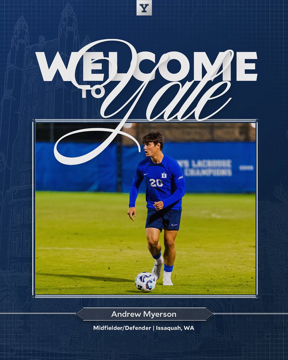 Yale Men's Soccer (@yalemsoccer) on Twitter photo 🚨Our next new DAWG is Andrew Myerson. Originally from Seattle, Andrew is transferring after ✌️years w/ <a href="/DukeMSOC/">Duke Men's Soccer</a>, including 2️⃣ trips to the NCAA tourney. Andrew is a versatile defender & capable of playing as a CM. Welcome to the #YMSFamily‼️ 🐶 💪
🎥 shorturl.at/NiGPy 🚨Our next new DAWG is Andrew Myerson. Originally from Seattle, Andrew is transferring after ✌️years w/ <a href="/DukeMSOC/">Duke Men's Soccer</a>, including 2️⃣ trips to the NCAA tourney. Andrew is a versatile defender & capable of playing as a CM. Welcome to the #YMSFamily‼️ 🐶 💪
🎥 shorturl.at/NiGPy