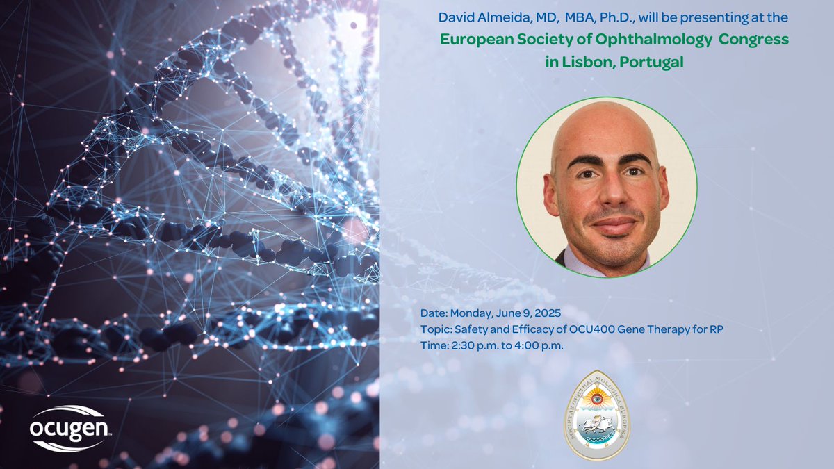 Ocugen (@ocugen) on Twitter photo Excited to share that Dr. <a href="/davidalmeidaMD/">David Almeida MD</a> will co-moderate and present on OCU400 gene therapy at #SOE2025 in Lisbon! Don’t miss his talk on the 2-year Phase 1/2 RP trial results on Monday, June 9, 2:30 – 4:00 PM!
More on this event: soe2025.soevision.org. #GeneTherapy #SOE2025 Excited to share that Dr. <a href="/davidalmeidaMD/">David Almeida MD</a> will co-moderate and present on OCU400 gene therapy at #SOE2025 in Lisbon! Don’t miss his talk on the 2-year Phase 1/2 RP trial results on Monday, June 9, 2:30 – 4:00 PM!
More on this event: soe2025.soevision.org. #GeneTherapy #SOE2025