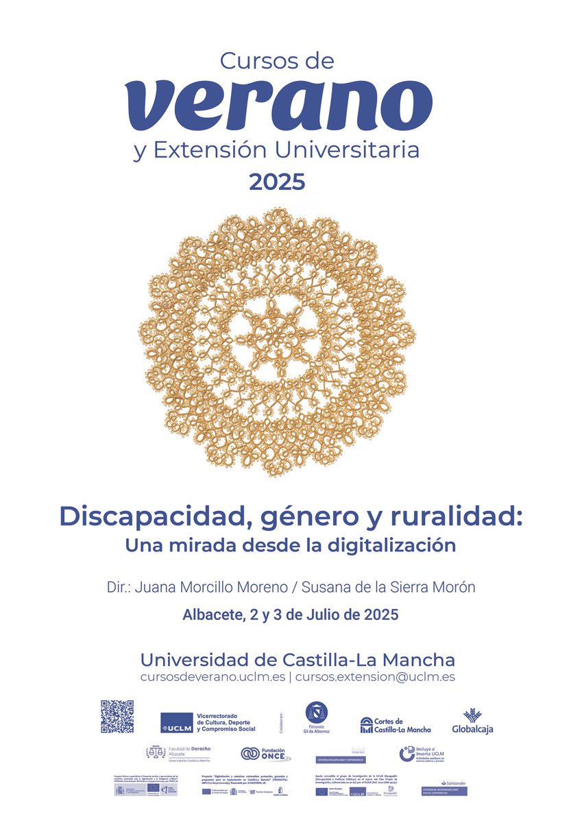 📚Curso de verano “Discapacidad, género y ruralidad: una mirada desde la digitalización”.

🗓️ 2 y 3 de julio en el salón de actos de la Facultad de Derecho de Albacete. 

🔗 Para más info.: eventos.uclm.es/135472/detail/…