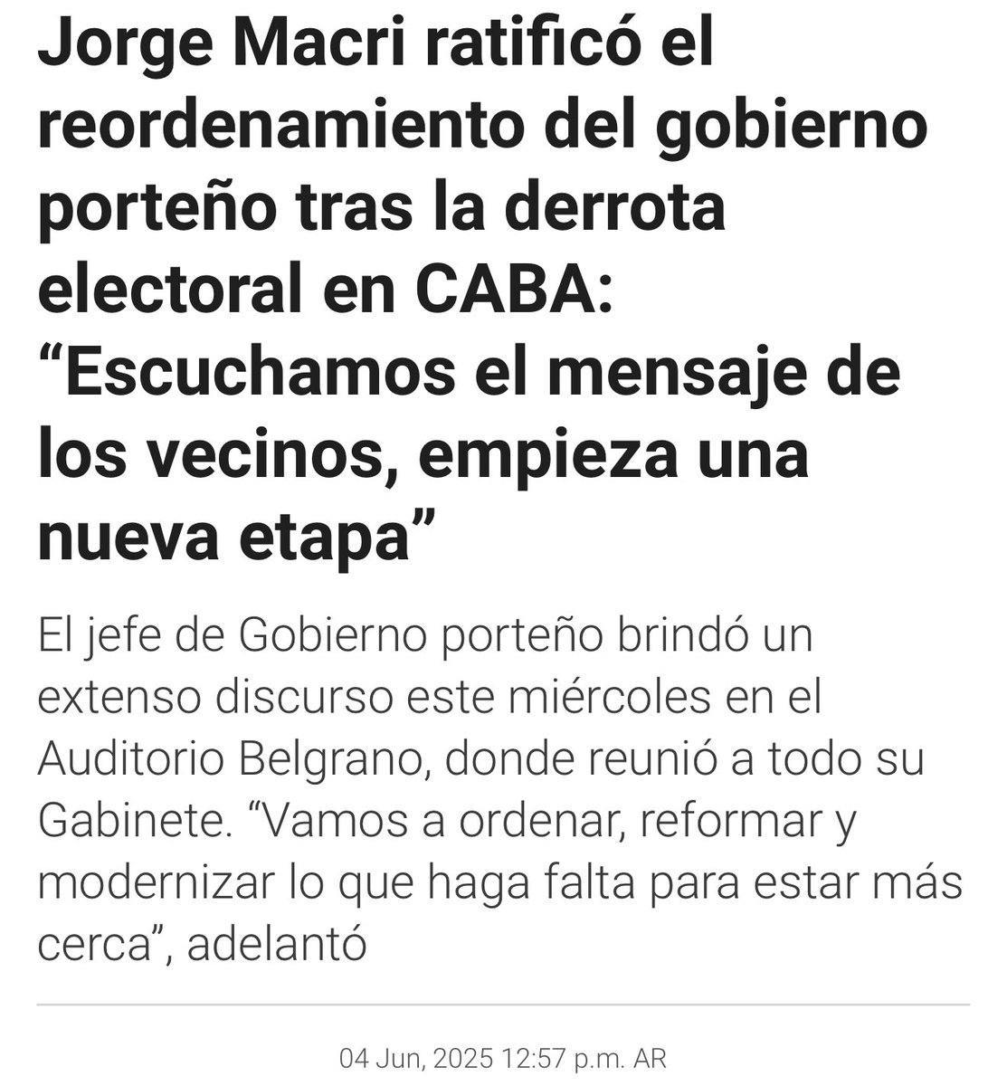 ‘Rigidez Cadavérica’

Jorge Macri, semanas después de la debacle: ‘Escuchamos el mensaje de los vecinos; empieza una nueva etapa’ (que será la última del PRO).

Primo ‘Blackri’ enterró al partido, y a su propio apellido. Por obra y gracia del adelantamiento suicida, el PRO