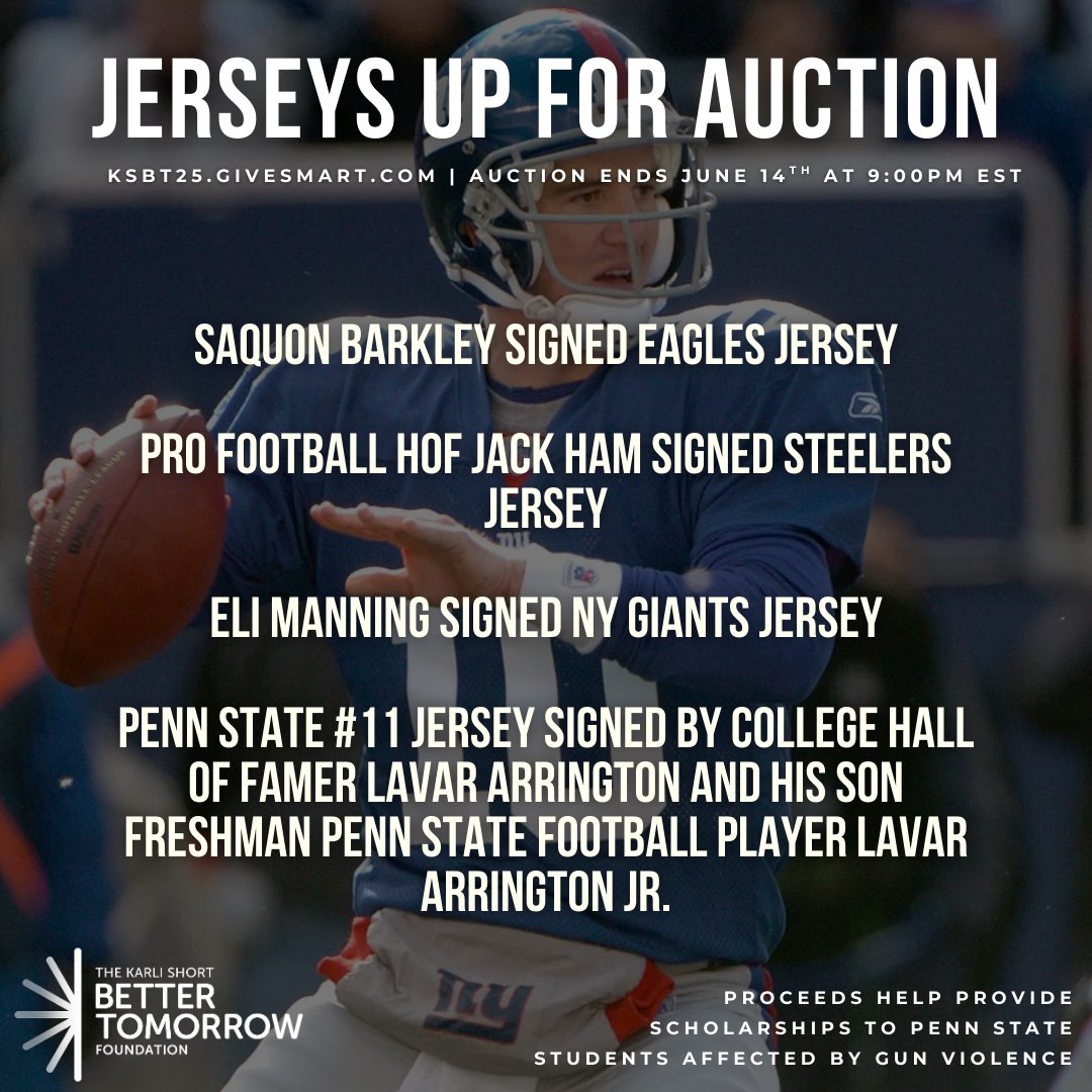 Karli Short Better Tomorrow Foundation (@ksbtfoundation) on Twitter photo ๐ KSBT25.givesmart.com ๐
Our 2025 auction features signed jerseys and other sports memorabilia from NFL and college football legends, including <a href="/saquon/">Saquon Barkley</a>, Jack Ham, <a href="/LaVarArrington/">LaVar Leap Arrington</a>, and recently drafted <a href="/1NCRDB1/">Abdul Carter</a> Abdul Carter!
Bid NOW: KSBT25.givesmart.com
<a href="/brandonshort43/">Brandon Short</a> ๐ KSBT25.givesmart.com ๐
Our 2025 auction features signed jerseys and other sports memorabilia from NFL and college football legends, including <a href="/saquon/">Saquon Barkley</a>, Jack Ham, <a href="/LaVarArrington/">LaVar Leap Arrington</a>, and recently drafted <a href="/1NCRDB1/">Abdul Carter</a> Abdul Carter!
Bid NOW: KSBT25.givesmart.com
<a href="/brandonshort43/">Brandon Short</a>