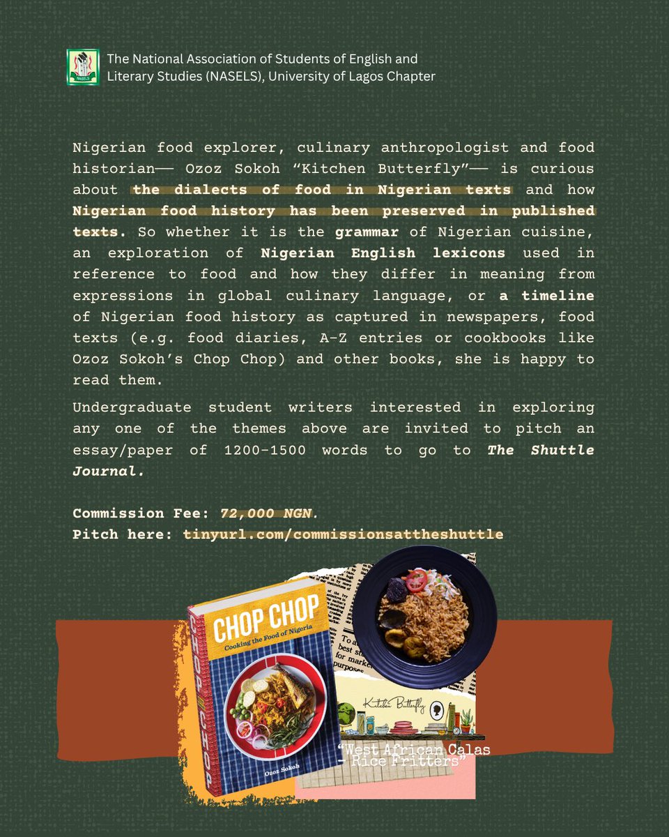 Nigerian food historian and culinary anthropologist, Ozoz Sokoh <a href="/Kitchnbutterfly/">Ozoz Sokoh | Kitchenbutterfly</a>, is curious about the dialects of food in Nigerian texts &amp; how Nigerian food history has been preserved in published texts. 

She is offering N72,000 for an essay of 1200-1500 words. Sounds good?