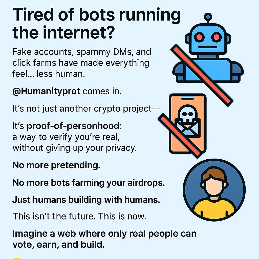 solvit_ex's tweet photo. This isn’t the future, it is happening now @Humanityprot
You can imagine a web where only real people can vote, earn, and build. Would you want to be part of that?
#Tell me: what problem do you think Humanity Protocol will fix first?
#HumanityProtocol #Web3 #ZKTech #OnchainHumans https://t.co/75SMQOUAot