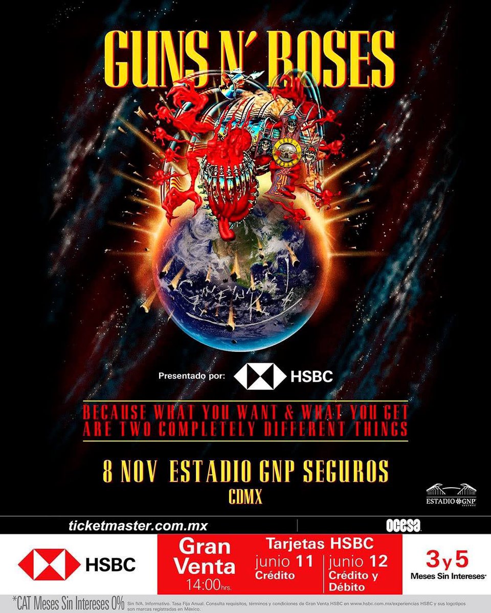 ailoviutl's tweet photo. 🚨 ANUNCIO OFICIAL 🚨

🔫🌹 GUNS N’ ROSES 🌹🔫
🗓️ 8 de Noviembre del 2025 🗓️
🏟️ Estadio GNP Seguros 🏟️
📍 CDMX 📍 🇲🇽 México 🇲🇽

🎫 Fechas de Preventas 🎫

-Venta a Fans Nightrain: 10 de Junio 2 PM*
-Gran Venta HSBC: 11 de Junio 2:00 PM
(Tarjetas de Crédito)
-Gran Venta HSBC: 12 de Junio 2:00 PM
(Tarjetas de Crédito y Débito)
-Venta General: 13 de Junio 2:00 PM
(Todo tipo de Tarjetas y Bancos)

*Para acceder a la Venta a Fans se necesita adquirir la membresía Nightrain cuyo valor es de 50 USD 

🎟️ Precios de Boletos en Breve 🎟️

💲 Boletera: Ticketmaster 💲

💳 Meses sin Intereses 💳

3 y 5 MSI con tarjetas de Crédito HSBC

#GunsNRoses #Fest #Festival #Concert #Concierto #Music #Música #Ailoviutl #ForoSol #Noviembre #CDMX #México #EstadioGNPSeguros #OCESA #Ticketmaster #AxlRose #Slash Because What You Want and What You Get Are Two Completely Different Things #Rock #Metal #GunsAndRoses