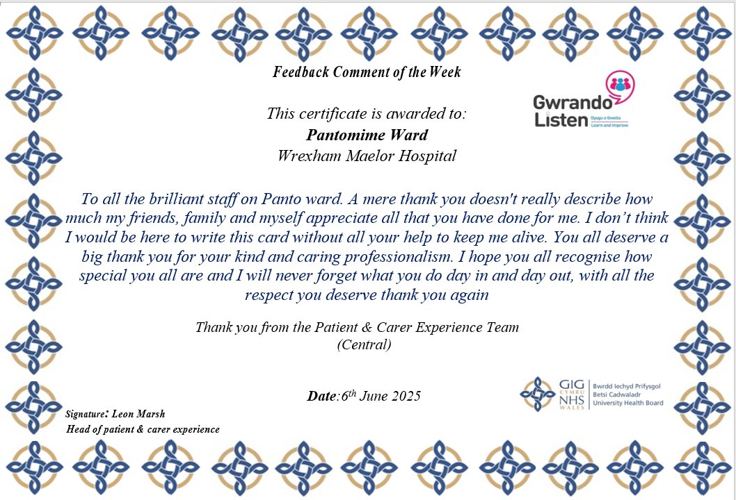 Congratulations to the fantastic staff in Pantomime ward for winning the Patient &amp; Carer Experience "Feel Good Friday", compliment of the week award! Well done to all of you