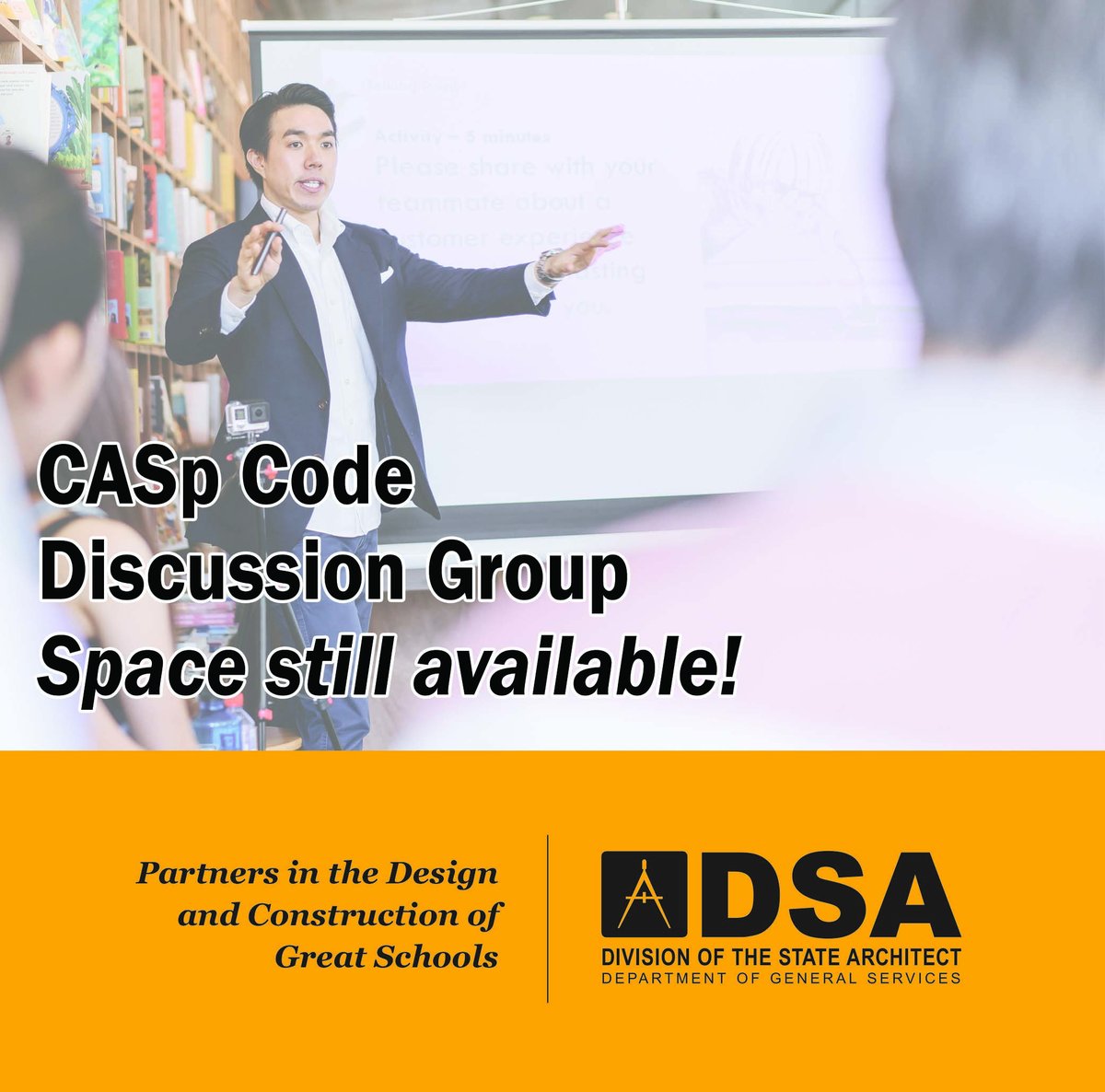 Space still available! Join the CASp Code Discussion Group (CCDG) to discuss Construction Cost and Valuation Threshold. Register by June 12. Click here for more information: tinyurl.com/5n7vtw5u