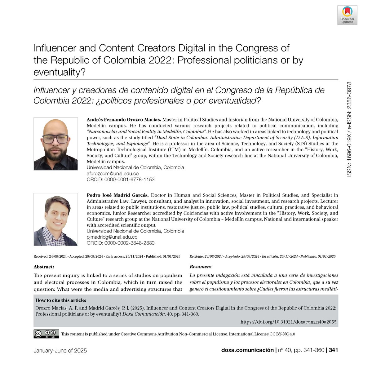 Doxa Comunicación (@doxacom) on Twitter photo Influencer and Content Creators Digital in the Congress of
the Republic of Colombia 2022: Professional politicians or by
eventuality?
👌🏻 By Andrés Fernando Orozco Macias and Pedro José Madrid Garcés from <a href="/UNALOficial/">Universidad Nacional de Colombia</a>
DOI: doi.org/10.31921/doxac…
#Influencer #socialnetworks Influencer and Content Creators Digital in the Congress of
the Republic of Colombia 2022: Professional politicians or by
eventuality?
👌🏻 By Andrés Fernando Orozco Macias and Pedro José Madrid Garcés from <a href="/UNALOficial/">Universidad Nacional de Colombia</a>
DOI: doi.org/10.31921/doxac…
#Influencer #socialnetworks