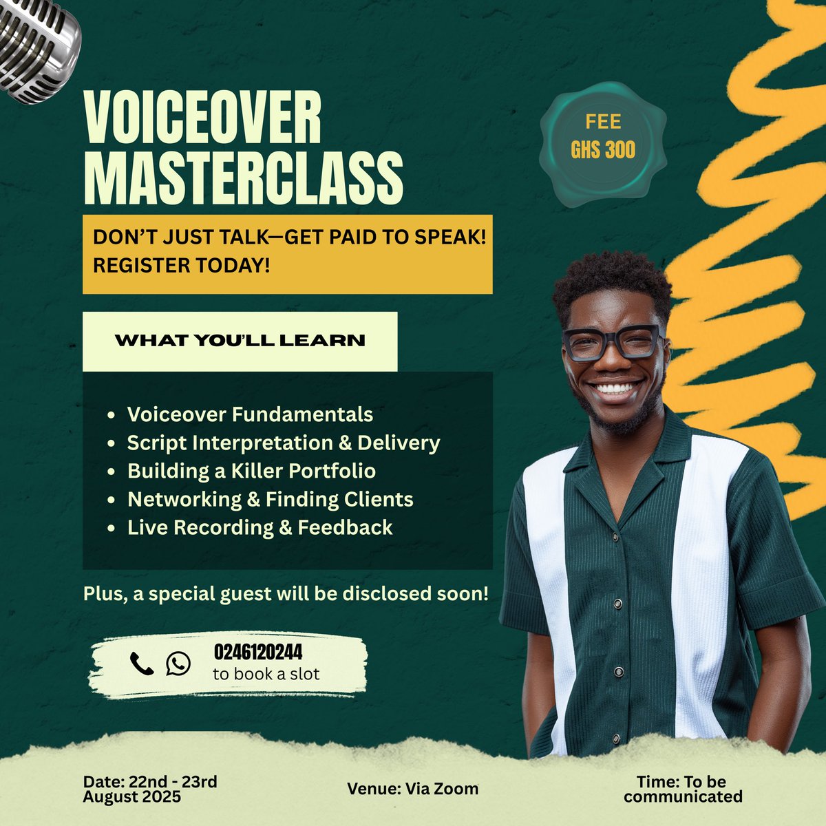 mawulithevo_guy's tweet photo. Donโt wait till itโs too late o, tap on the link ๐ and register now now for GHS 300 only and thank me later ๐๐ฅ
https://t.co/0fr0x6CoIc
#vomasterclass #voiceover #voiceactor #voiceoverartist https://t.co/YCh8WZELbH