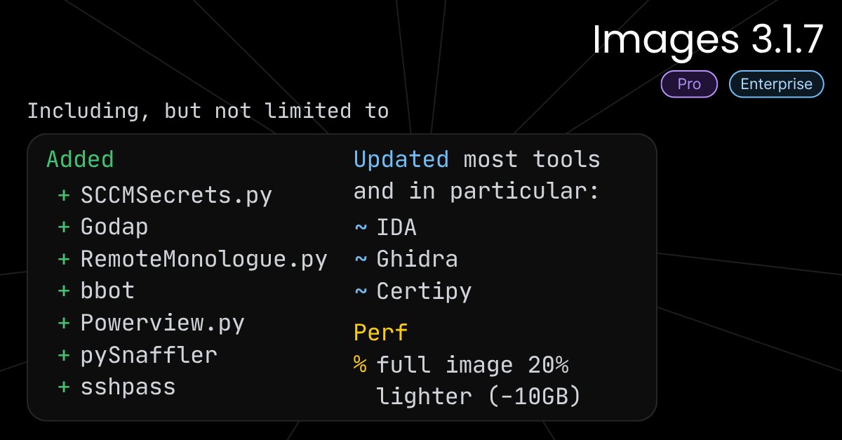 Less is more 🪶
Exegol images 3.1.7 released for Pro and Enterprise users. Community image will be updated in the coming weeks to benefit from these changes, for free!