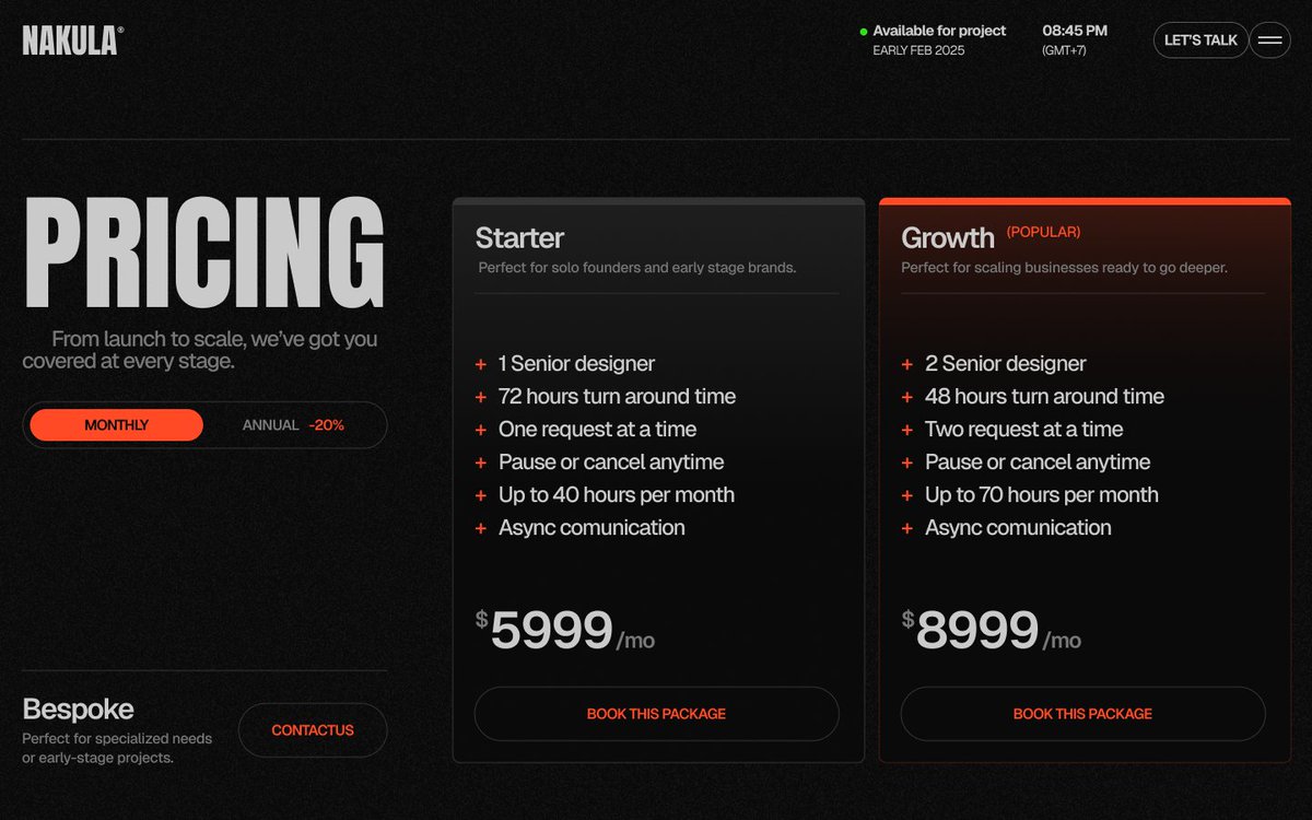 PRICING section