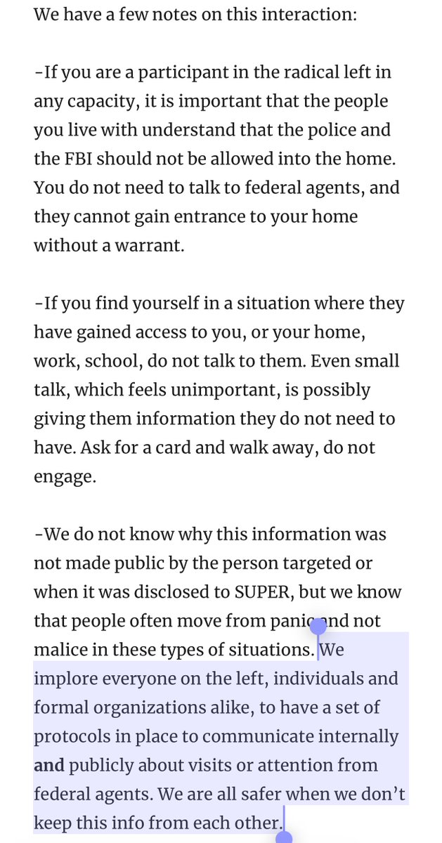 *IMPORTANT STFU FRIDAY NOTE* 

We've heard of a recent situations where feds have visited ppl at home or stopped during travel to ask about their organizing &amp; relationship to others. 

It is of utmost importance to have a set of protocols to communicate this internally &amp; publicly