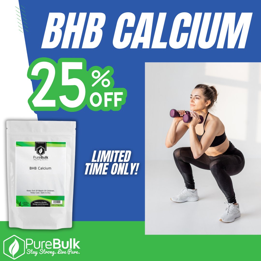 PureBulk's tweet image. Ready to crush your fitness goals? BHB Calcium is here to support you! 🔥 Experience sustained energy and enhanced recovery to maximize every squat and every step. Save 25% now!