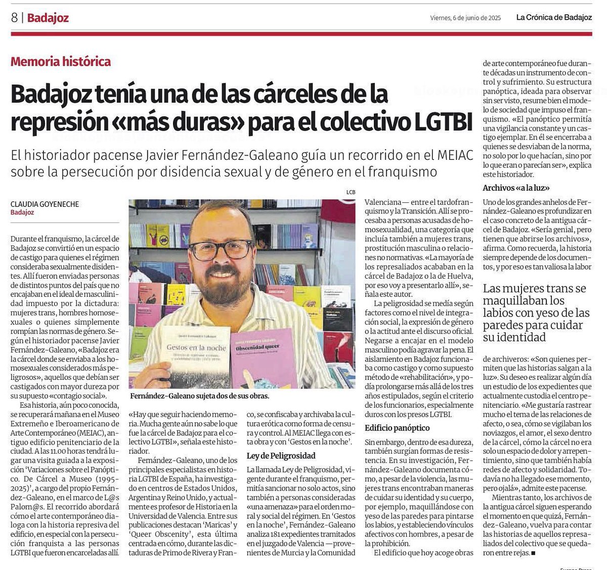 Recordad que mañana a las 11h de la mañana visitamos en el MEIAC la Expo que recuerda la cárcel que fue de peligrosidad social, entre otros para homosexuales y trans, y lo haremos de la mano de Javi Galeano, que ha publicado dos libros sobre el tema. No os lo perdáis 🏳️‍🌈🏳️‍⚧️