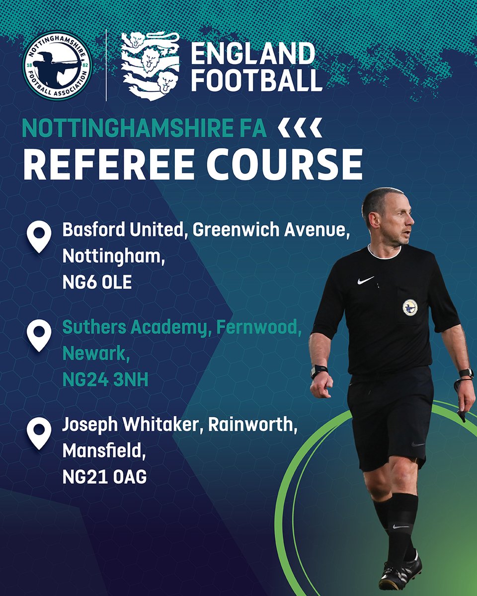 🚨 2025 Nottinghamshire FA Referee Courses are LIVE!

Become a qualified referee and make your mark in grassroots football.

👤 Anyone aged 14+
⚽ Mini Soccer, 9v9 &amp; 11v11
🗓️ 6 courses across Nottinghamshire in July and August

👉 Register your interest: tinyurl.com/3vafp9rt