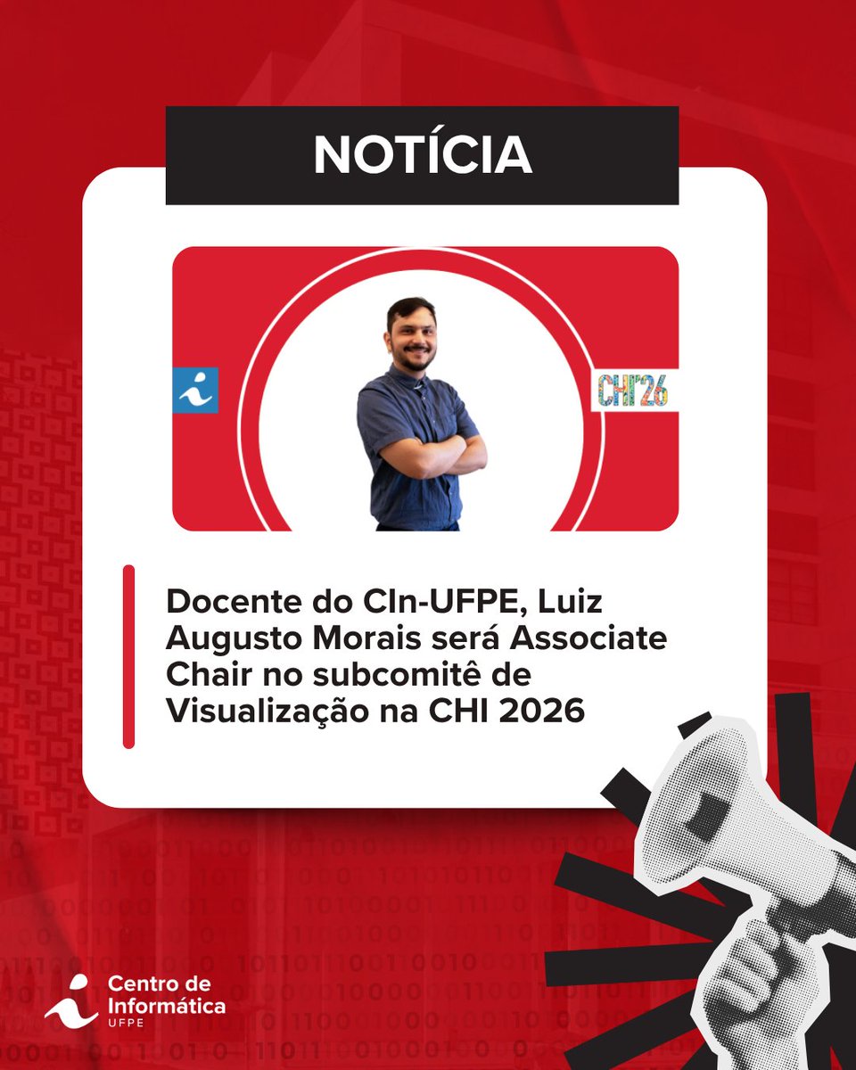 O professor Luiz Augusto Morais, do CIn-UFPE, vai integrar o grupo de Associate Chairs (AC) na ACM Conference on Human Factors in Computing Systems (CHI) 2026, promovida pela Association of Computing Machinery (ACM).

Confira portal.cin.ufpe.br/2025/06/06/doc…