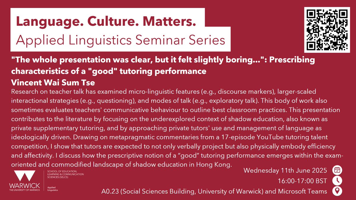 as part of my trip (returning) to the UK to actually finish writing my thesis, I am giving a talk on 11 June 1600-1700 BST. I will talk about some key performative characteristics of an expert tutoring performance in Hong Kong’s commodified shadow education.
