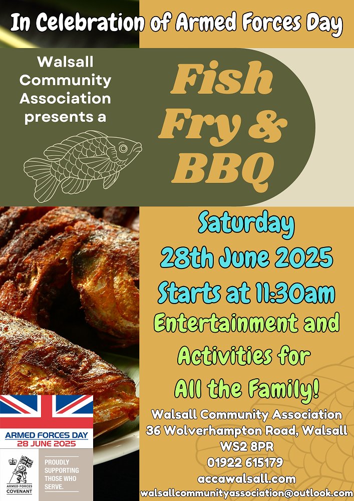 Walsall Community Association presents a Fish Fry and BBQ in Celebration of Armed Forces Day on Saturday 28th June.

⏰ Starts at 11:30am

Entertainment and Activities for All the Family including:

🎈 Creative Balloon Display Making