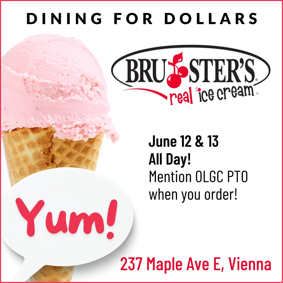 olgcschoolva's tweet photo. Support the OLGC PTO with Dining for Dollars at Bruster's Real Ice Cream, June 12-13, all day. Mention OLGC when ordering. See you there! https://t.co/YuLbuiz5Uj