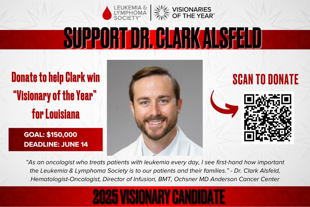 Survivor's Cancer Action Network - SCAN (@survivorscanla) on Twitter photo We're proud to support <a href="/lcalsfeld/">Clark Alsfeld</a> for LLS Visionary of the Year! ❤️
A true advocate for the cancer community, Clark is making a difference—and there’s still time to support his campaign before June 14!
Donate here: tinyurl.com/calsfeld
#CancerAdvocacy #VisionaryOfTheYear We're proud to support <a href="/lcalsfeld/">Clark Alsfeld</a> for LLS Visionary of the Year! ❤️
A true advocate for the cancer community, Clark is making a difference—and there’s still time to support his campaign before June 14!
Donate here: tinyurl.com/calsfeld
#CancerAdvocacy #VisionaryOfTheYear
