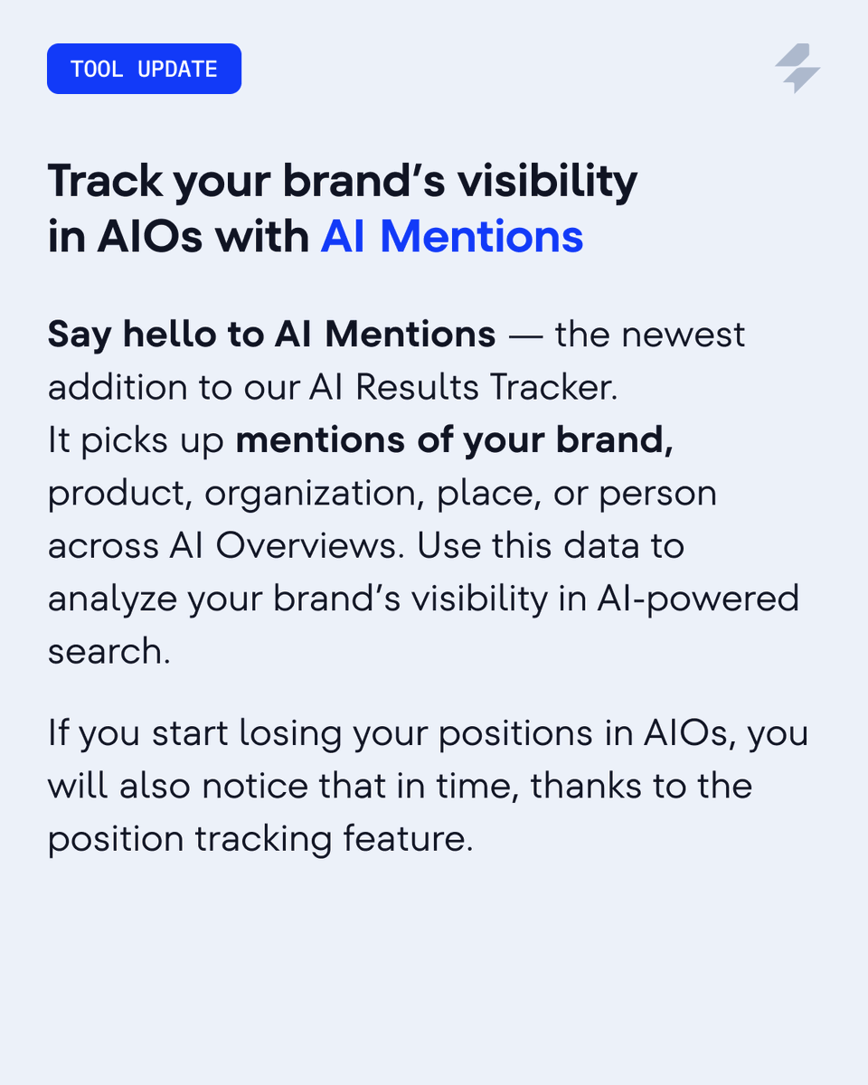 Track mentions of your brand in AI Overviews with AI Mentions 🚩 

We know it can be tricky to understand when and how your brand, product, or website appears in AI-generated answers. So we built a solution: AI Mentions—a new feature within the AI Results Tracker that scans AI
