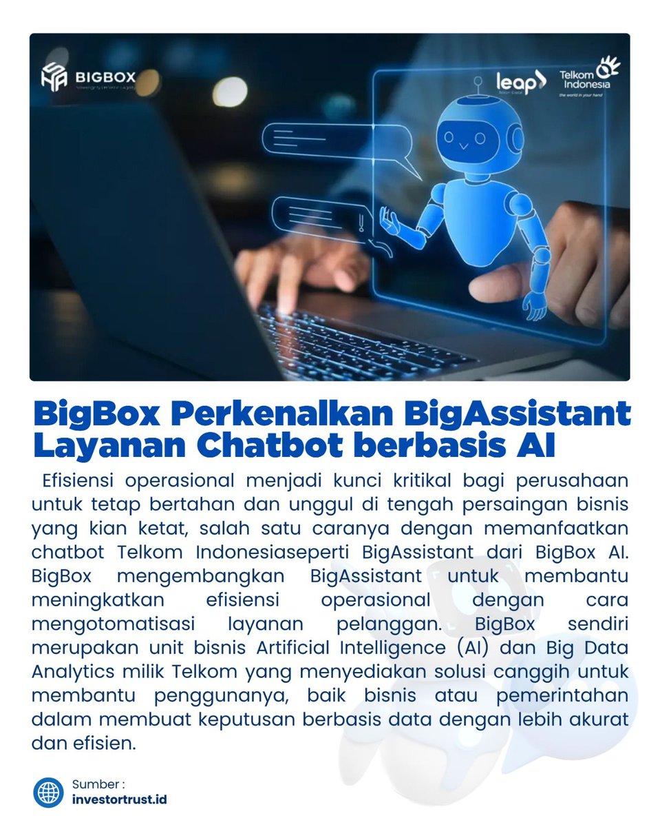 infolokalid's tweet photo. Inovasi Telkom Indonesia lewat BigBox berikan fitur BigAssistant dgn memanfaatkan teknologi Artificial Intelligence

#berita #telkomindonesia #bigbox #ArtificialIntelligence #telkomforyou #elevatingyourfuture @KemenBUMN @TelkomIndonesia https://t.co/RhVyeTQnwY