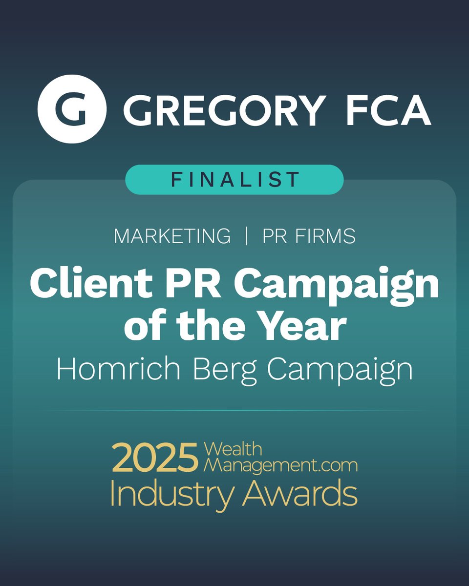 Gregory FCA (@gregoryfca) on Twitter photo We are proud to announce that we are a finalist in two categories of <a href="/wealth_mgmt/">WealthManagement.com</a>'s #Wealthies awards! @JoeAnthony is a finalist for CEO of the year, and our work with <a href="/HomrichBerg/">Homrich Berg</a> is up for Client PR Campaign of the Year.
We'd also like to congratulate our clients who are also We are proud to announce that we are a finalist in two categories of <a href="/wealth_mgmt/">WealthManagement.com</a>'s #Wealthies awards! @JoeAnthony is a finalist for CEO of the year, and our work with <a href="/HomrichBerg/">Homrich Berg</a> is up for Client PR Campaign of the Year.
We'd also like to congratulate our clients who are also