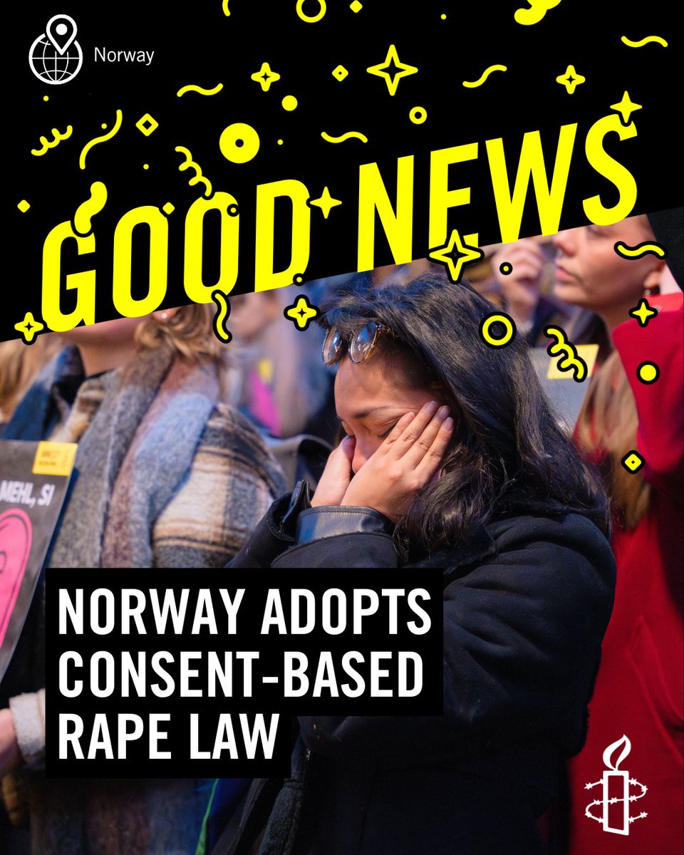 amnesty's tweet image. The adoption of a consent-based definition of rape in Norway is an historic victory for all survivors of rape and sexual violence who have shared their stories.

Sex without consent is rape. Always.