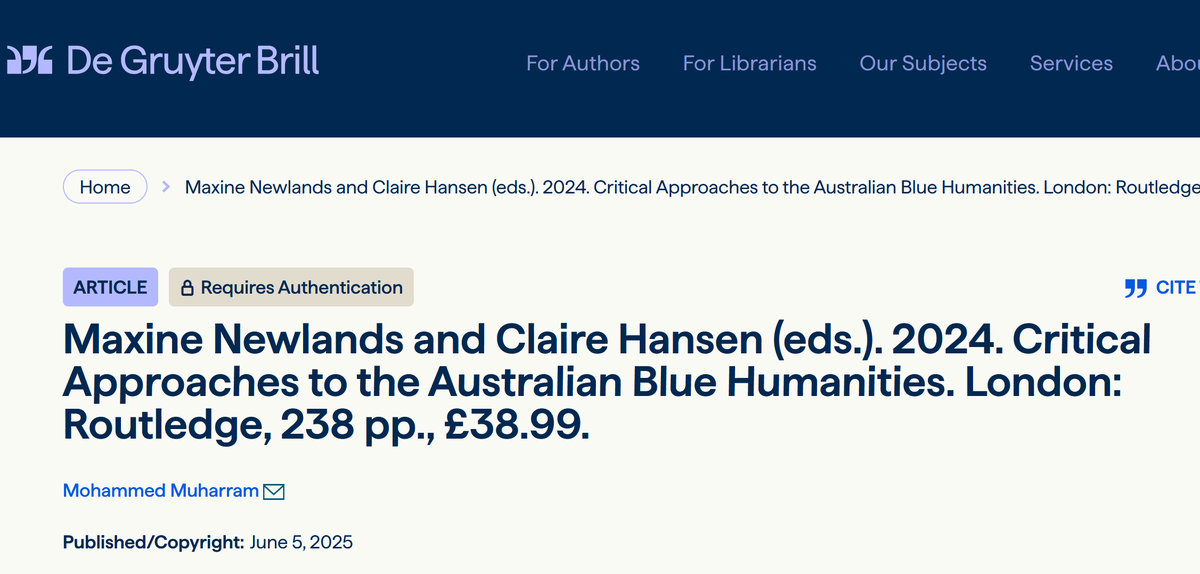 mohamedmuharram's tweet image. Feeling joyful today for two reasons:
🕋 Eid al-Adha Mubarak to all!
📘 And my new book review is out in Anglia on the book, Critical Approaches to the Australian #BlueHumanities (Routledge, 2024). 👉 doi.org/10.1515/ang-20… @stevermentz  @routledgebooks