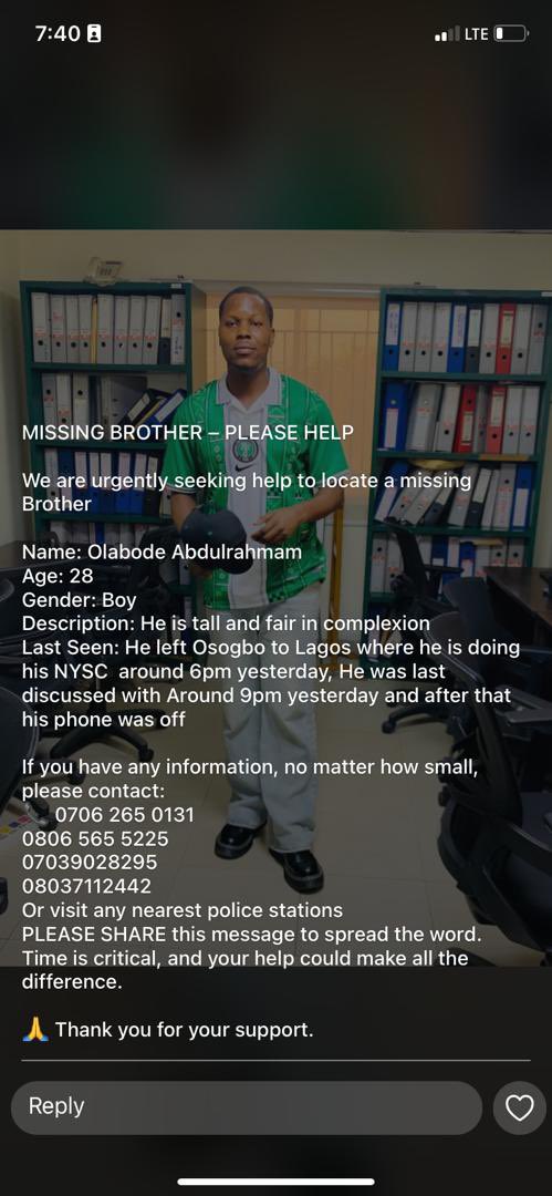 Omolomo (@omolomo_o) on Twitter photo Olabode Abdulrahman was coming home to celebrate Eid with family unfortunately he’s nowhere to be found
Please help us find Olabode, his family can’t celebrate just because their son is missing
Any useful information will be appreciated 🙏🏾
<a href="/PoliceNG_CRU/">POLICE COMPLAINT</a> <a href="/PoliceNG/">Nigeria Police Force</a> <a href="/Princemoye1/">Prince Olumuyiwa Adejobi</a> Olabode Abdulrahman was coming home to celebrate Eid with family unfortunately he’s nowhere to be found
Please help us find Olabode, his family can’t celebrate just because their son is missing
Any useful information will be appreciated 🙏🏾
<a href="/PoliceNG_CRU/">POLICE COMPLAINT</a> <a href="/PoliceNG/">Nigeria Police Force</a> <a href="/Princemoye1/">Prince Olumuyiwa Adejobi</a>