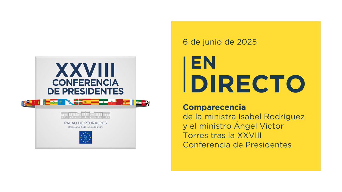 La Moncloa (@desdelamoncloa) on Twitter photo El ministro de <a href="/territorialgob/">Ministerio P. Territorial y M. Democrática</a>, Ángel Víctor Torres, y la ministra de <a href="/viviendagob/">Ministerio de Vivienda y Agenda Urbana</a>, Isabel Rodríguez, comparecen ante los medios tras la XXVIII Conferencia de Presidentes celebrada en Barcelona.
En directo en nuestras redes y web: lamoncloa.gob.es/Paginas/index.… El ministro de <a href="/territorialgob/">Ministerio P. Territorial y M. Democrática</a>, Ángel Víctor Torres, y la ministra de <a href="/viviendagob/">Ministerio de Vivienda y Agenda Urbana</a>, Isabel Rodríguez, comparecen ante los medios tras la XXVIII Conferencia de Presidentes celebrada en Barcelona.
En directo en nuestras redes y web: lamoncloa.gob.es/Paginas/index.…