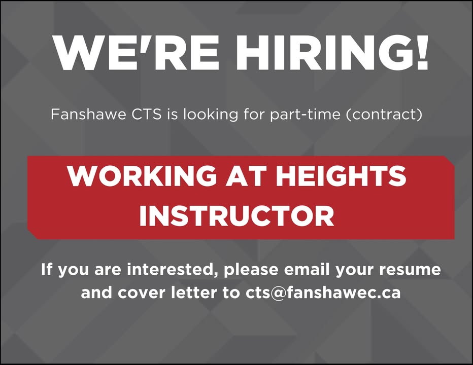 Fanshawe CTS is hiring a Working at Heights Instructor!
🦺 Part-time | Contract | CPO-approved trainer required
📩 Send resume &amp; cover letter to cts@fanshawec.ca
#SafetyJobs #WorkingAtHeights #CPOTrainer #Fanshawe