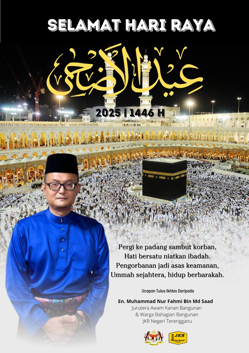 JKR Bangunan Terengganu (@jkrbangunantrg) on Twitter photo Selamat Menyambut
Hari Raya Aidiladha 1446H | 2025M
Daripada seluruh warga Bahagian Bangunan JKRNT
Semoga semangat pengorbanan menjadi asas kepada kesejahteraan ummah, memperkukuh integriti, dan mengeratkan lagi silaturrahim.
<a href="/JKRTerengganu/">JKR Terengganu</a> <a href="/HasliJKR/">Hasli Ibrahim (Ir. Dr.)</a> <a href="/MFahmi2nd/">Nur Fahmi</a> Selamat Menyambut
Hari Raya Aidiladha 1446H | 2025M
Daripada seluruh warga Bahagian Bangunan JKRNT
Semoga semangat pengorbanan menjadi asas kepada kesejahteraan ummah, memperkukuh integriti, dan mengeratkan lagi silaturrahim.
<a href="/JKRTerengganu/">JKR Terengganu</a> <a href="/HasliJKR/">Hasli Ibrahim (Ir. Dr.)</a> <a href="/MFahmi2nd/">Nur Fahmi</a>