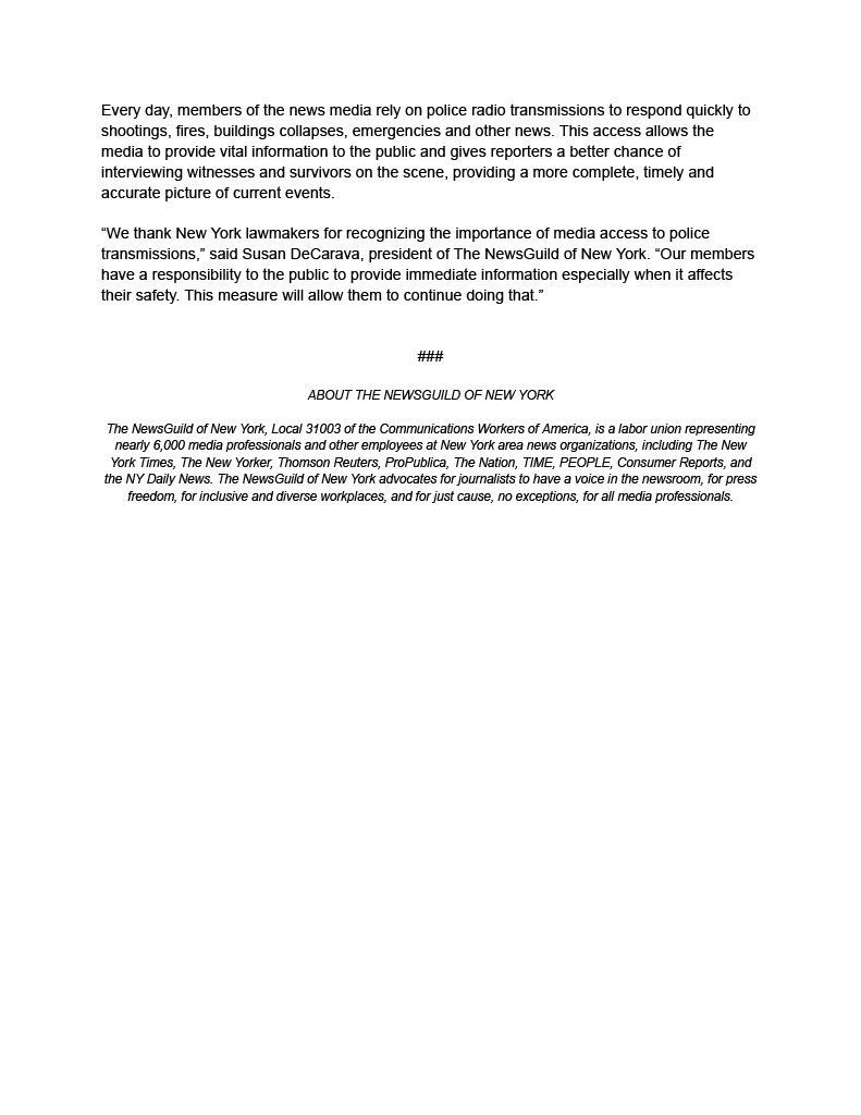 A WIN FOR PRESS FREEDOM: On Thursday, NY State lawmakers passed the “Keep Police Radio Public Act,” which would ensure media access to police radio transmissions…..nyguild.org/front-page-det…