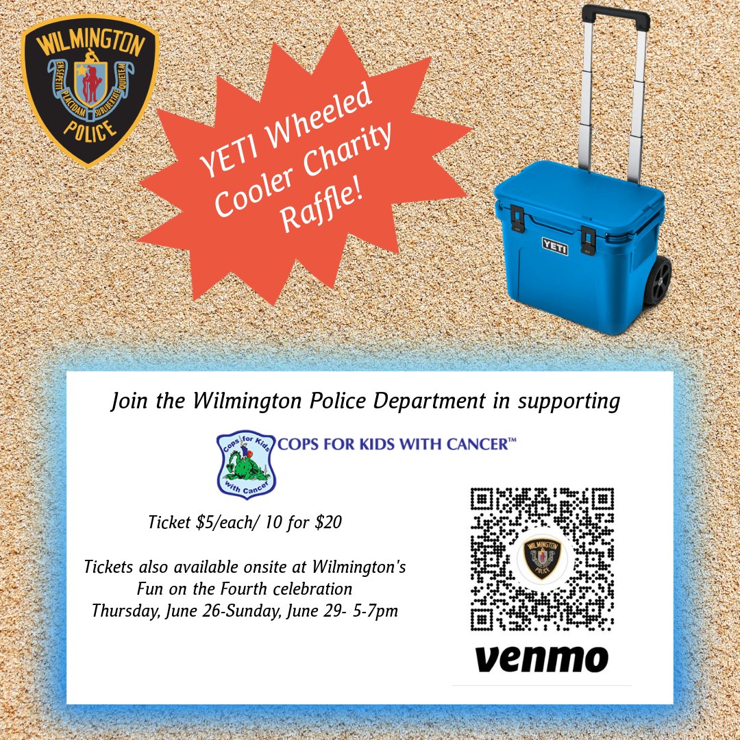 Wilmington MA Police (@wilmingtonmapd) on Twitter photo The WPD is raffling off a YETI wheeled cooler to benefit <a href="/CopsForKids1/">CopsForKidsWCancer</a>!
Pay via Venmo (include name/contact) or in person at the WPD Trailer during Fun on the 4th: June 26–29 from 5–7 PM. Every ticket supports kids and families in need!
#CopsForKidsWithCancer #WilmingtonMA The WPD is raffling off a YETI wheeled cooler to benefit <a href="/CopsForKids1/">CopsForKidsWCancer</a>!
Pay via Venmo (include name/contact) or in person at the WPD Trailer during Fun on the 4th: June 26–29 from 5–7 PM. Every ticket supports kids and families in need!
#CopsForKidsWithCancer #WilmingtonMA