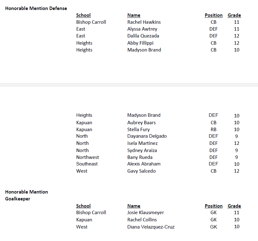 Congratulations to the players on the GWAL All City Girls Soccer Honorable Mention Team